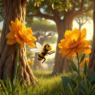 The primary subject of the image is a bee flying in front of a yellow flower. The setting is a lush green field with trees in the background. The visual style is a digital art illustration, creating a vibrant and colorful scene. The dominant colors are yellow and green, giving the image a cheerful and natural atmosphere.